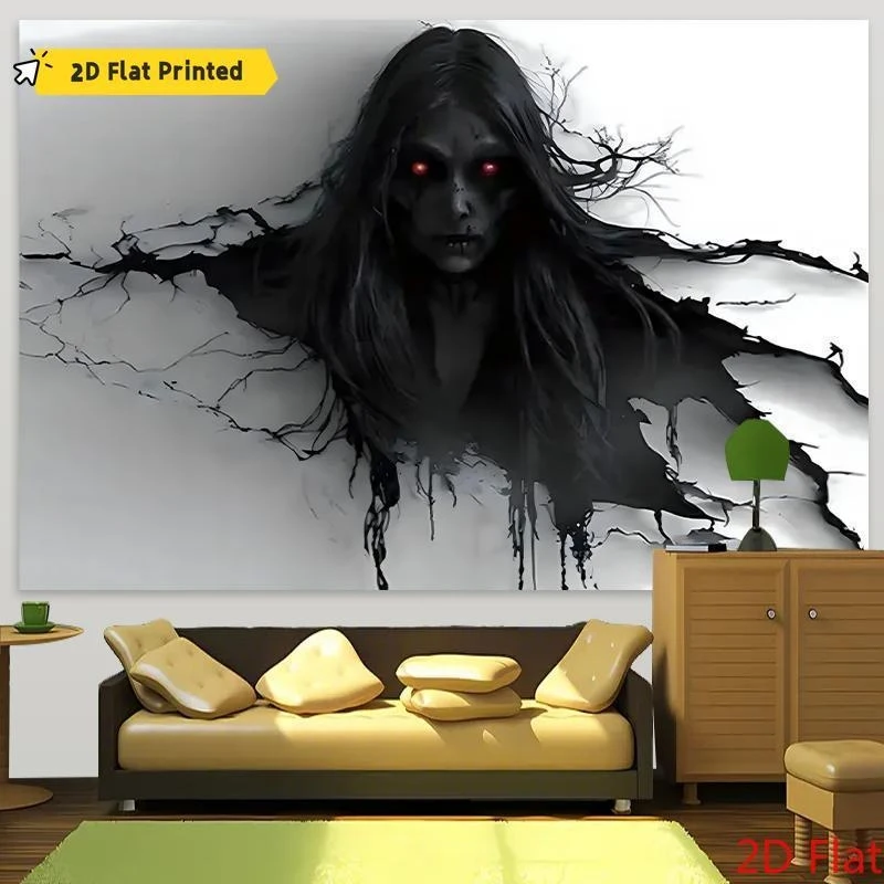 Gothic Horror Tapestry Demon Devil Wall Hanging Glowing Red Eyes Dark Fantasy 3D Broken Wall Decor Scary Halloween Art Cloth