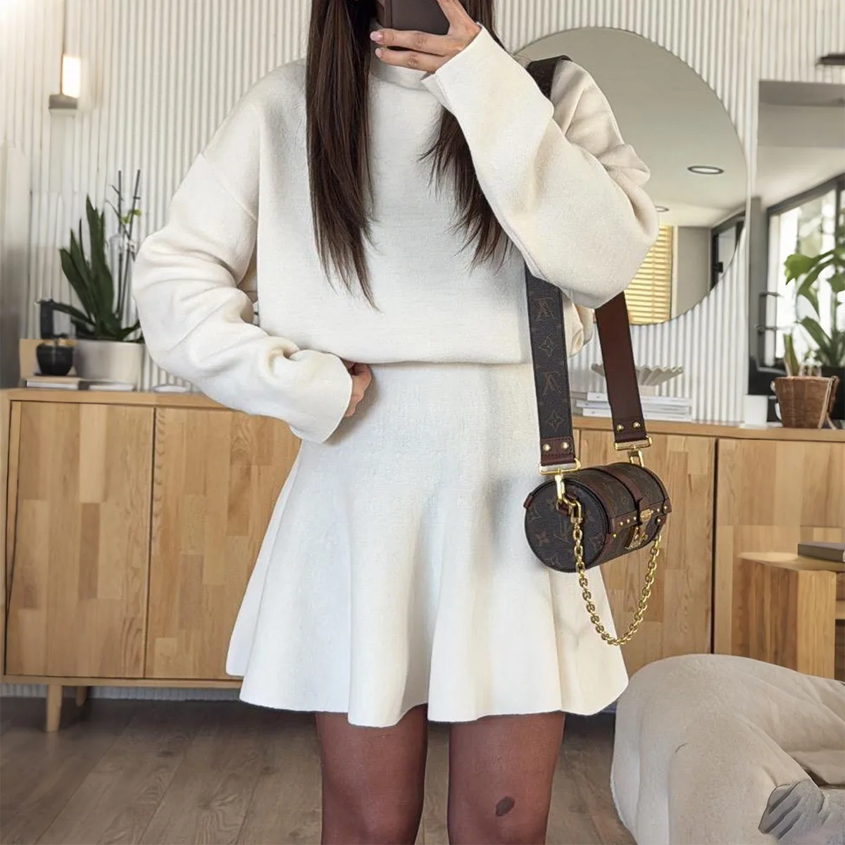 Damen Herbst-Winter Fleece-Top und Rock Set, Modisches Warmes Zweiteiler-Set mit Halbrock, Langarm, Einfarbig, Lässiger Stil