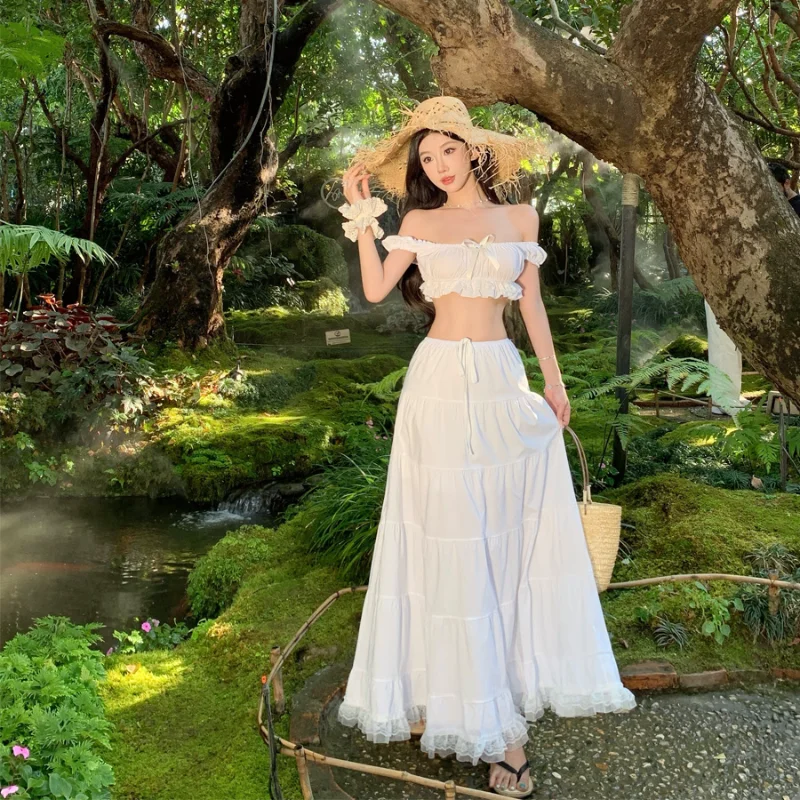 

Sexy White Holiday Two Pieces Suits Women Summer Off Shoulder Short Tops + Elastic High Waist Long Skirt Lady Fashion Party Sets
