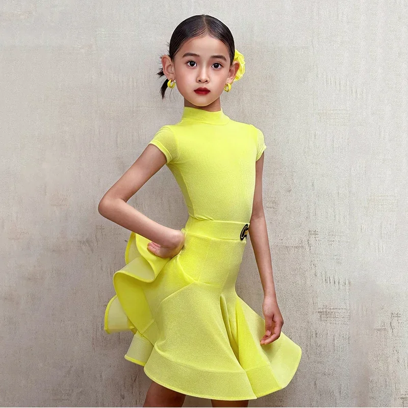 

Latin Dance Competition Dress Yellow Performance Dance Suit Girls Short Sleeve Bodysuit Skirt Set Professional Dancewear