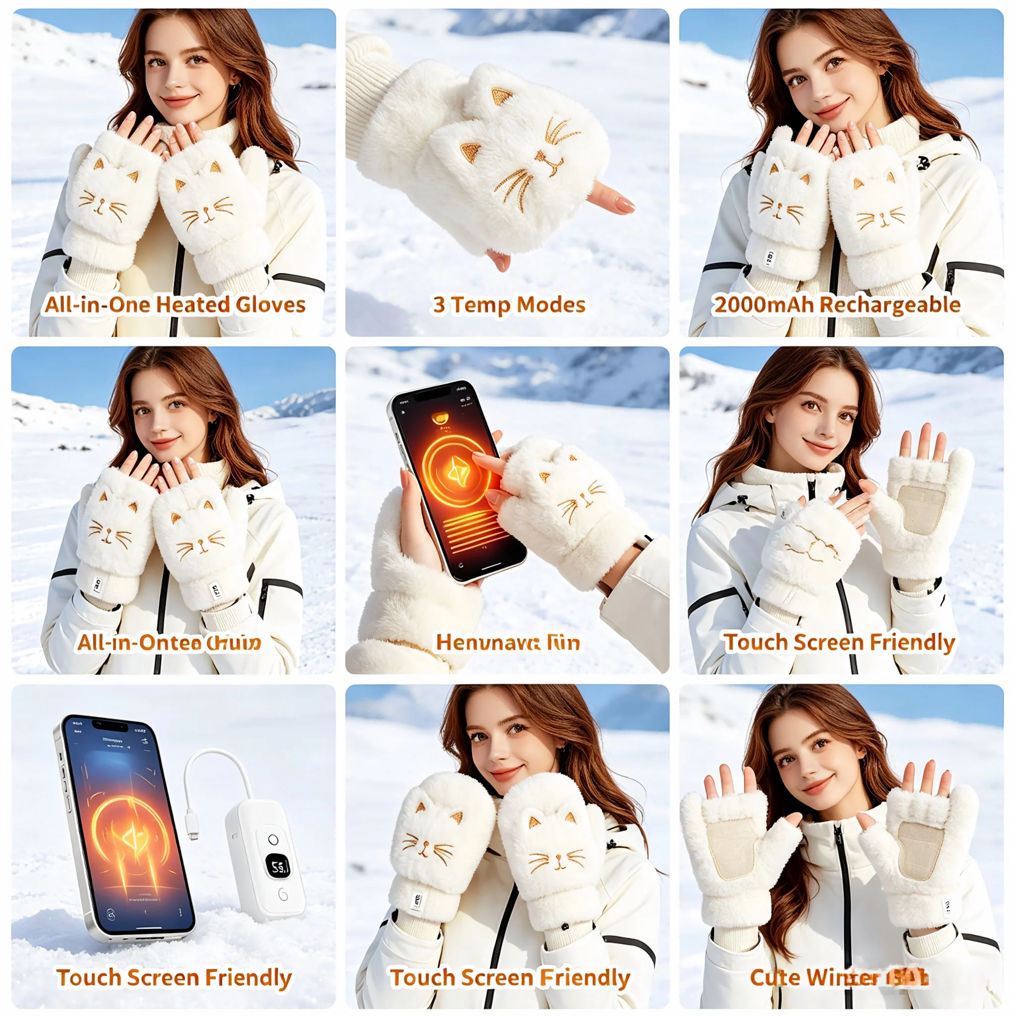 Winter USB Electric Heated Gloves for Women Cat Claw Half Finger Warm Gloves,2000mAh Rechargeable Battery,3 Heat Levels,Real‑time Temperature&Battery Display,Soft Skin‑Friendly Fleece,Gaming Outdoor Ski Warm Hand Warmer,Gift for Family Friends