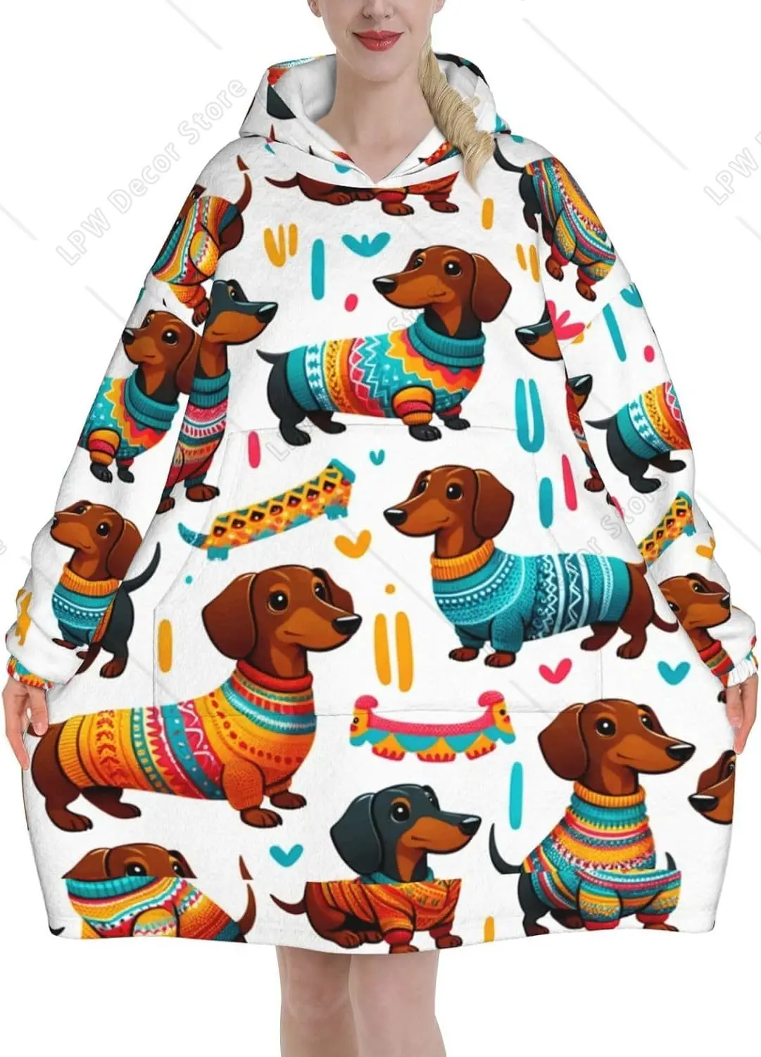 Oversized Flannel Wearable Blanket Hoodie For Adult DachshundIn Colorful Sweaters Soft Fuzzy Hooded Lounging Pullover