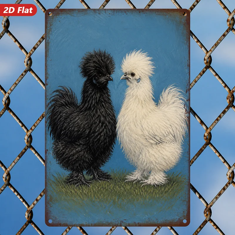 2D Flat, 1pc Silkie Chicken Pair Metal Sign Wall Art, Black Silkie Rooster, White Silkie Hen, Fluffy Crests, Suitable for Stu