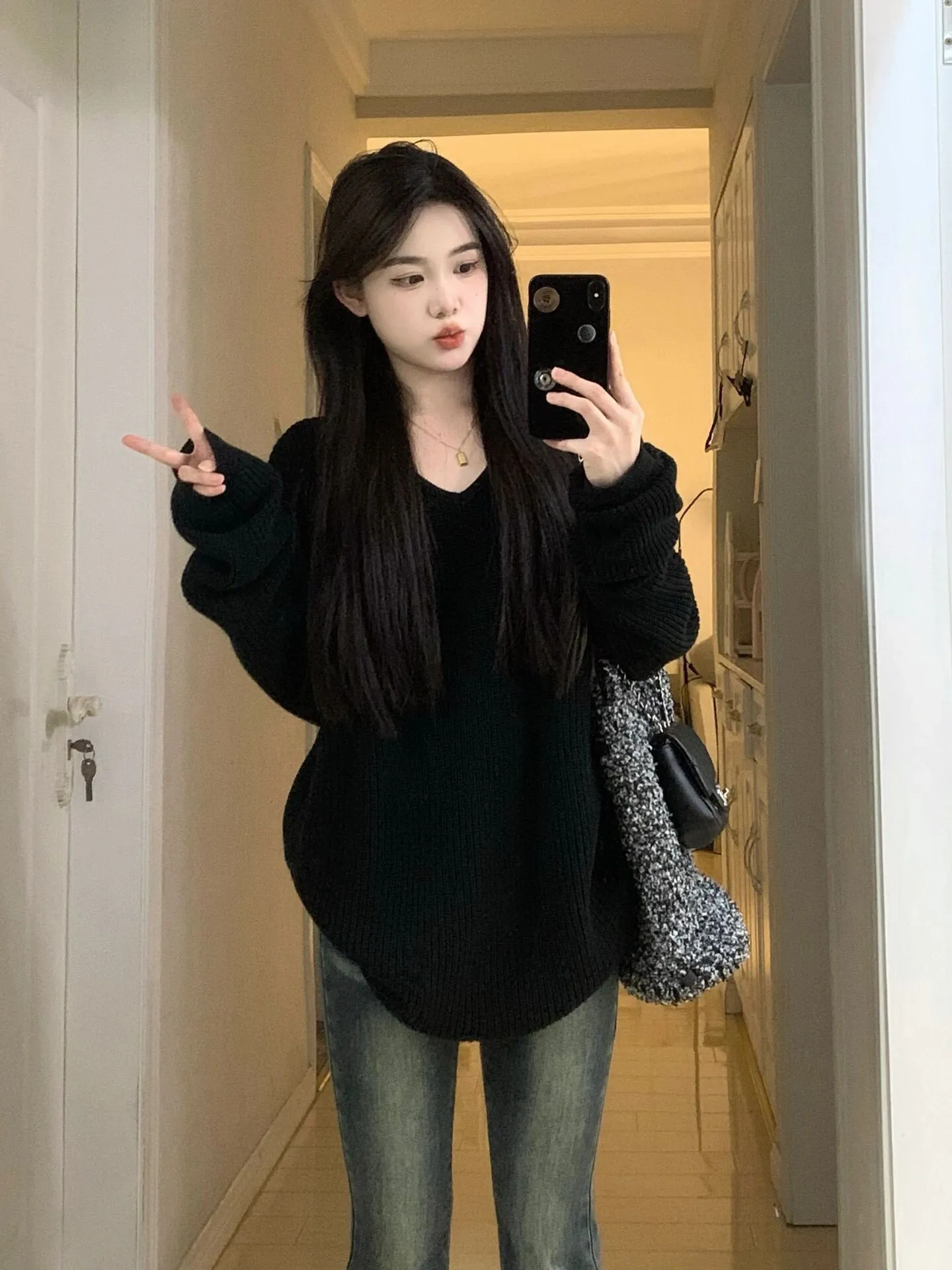 

Зима 202, женский вязаный свитер Bla V-Ne, свободный крой, корейская повседневная верхняя одежда, удобная маленькая одежда