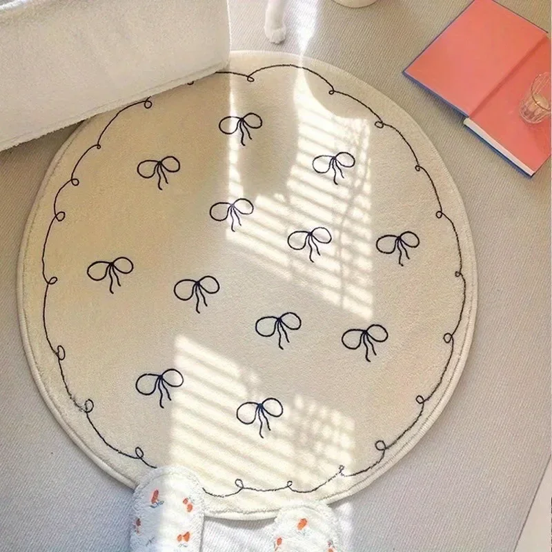 Sweet Bow Printed Circular Carpet Multi Functional Anti-Skid Cozy Floor Mat for Living Room Soft Short Plush Durable Chair Pad