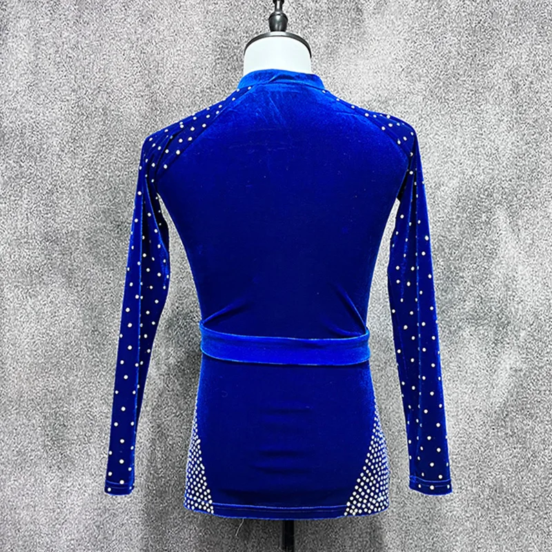 Silde Slit Rhinestone Latin Dance Tops Boys Long Sleeves Royal Blue Competition Shirt Cha Cha Performance Dance Costume DNV21840