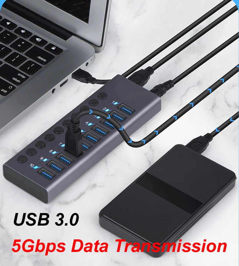 10 портов USB 3,0 концентратор для зарядки 5 Гбит/с, передача данных, внешний разветвитель, док-станция, мощность 60 Вт, искусственная кожа, переключатель, адаптер