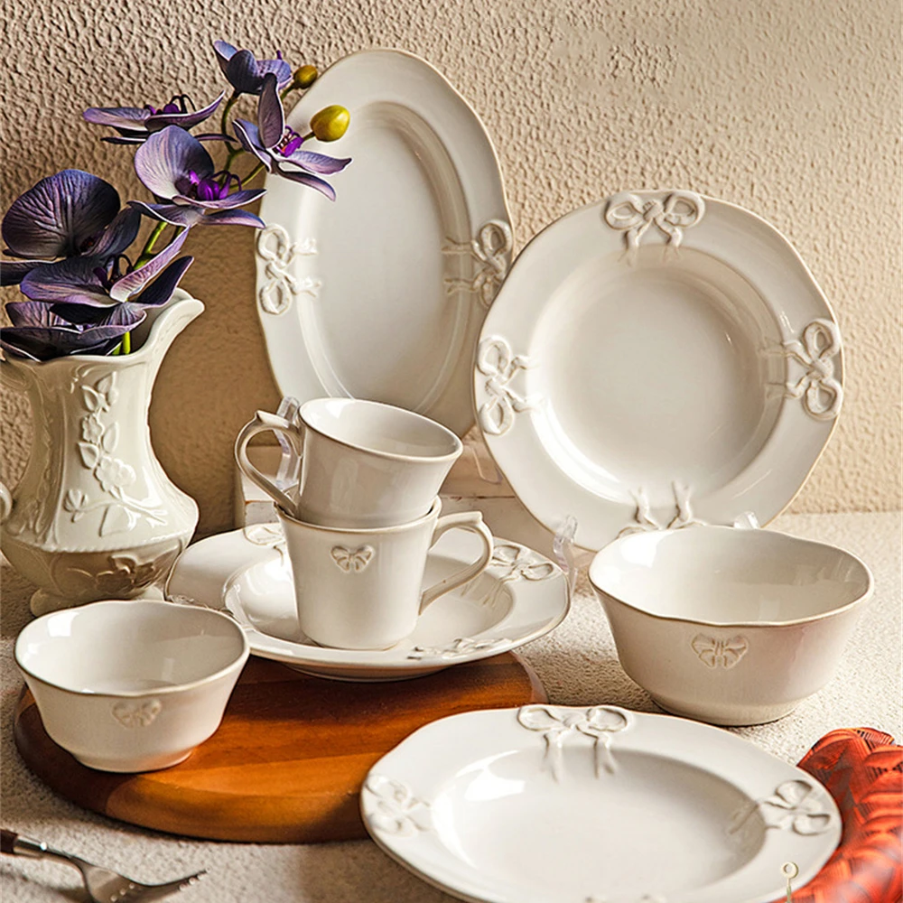 

French Style White Set Porcelain Tableware Dishes Household Dish Plate Kitchen Supplies Bow Embossed Bowl Dinner Plate Package