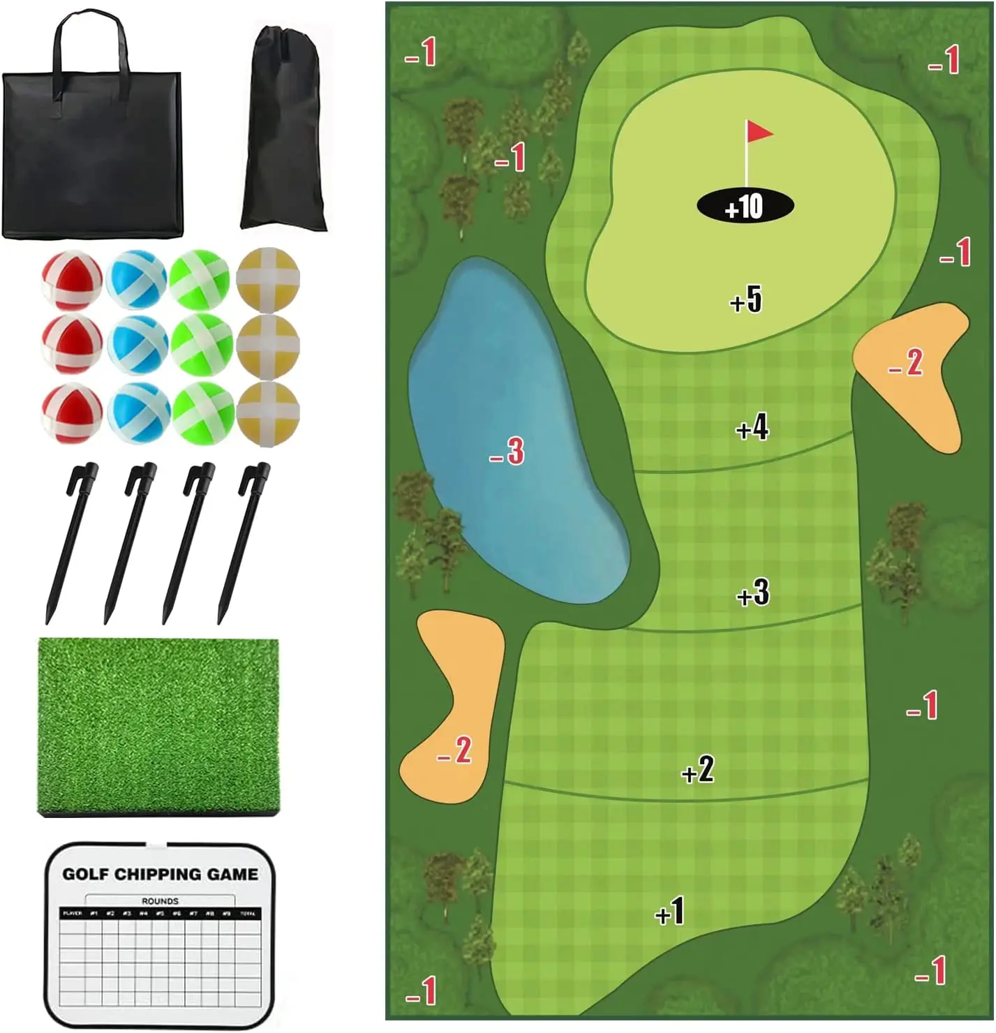 Golf Chipping Game Mat Indoor Outdoor Golf Games for Adults with Chipping Mat Sticky Balls Ground Stakes Score Card Storage Bags