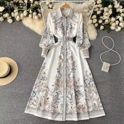 Stampa Maxi Dress donna Slim elegante abito lungo Femme moda abiti Vintage lanterna manica fasciatura abiti Mujer vestiti