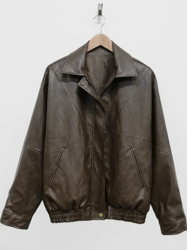 أوائل الخريف الحصري الرجعية Sli بو الجلود Jaet تصميم سستة طوق معطف فضفاض ملابس خارجية معطف السيدات Faionable #5