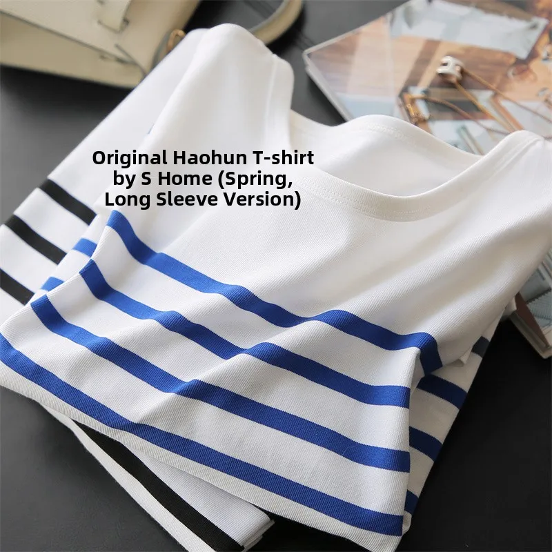 

Long Sleeve Striped T-Shirt Women's Loose Fit Sea Soul Single Tail Cargo Versatile Classic round Neck Top for Younger Look