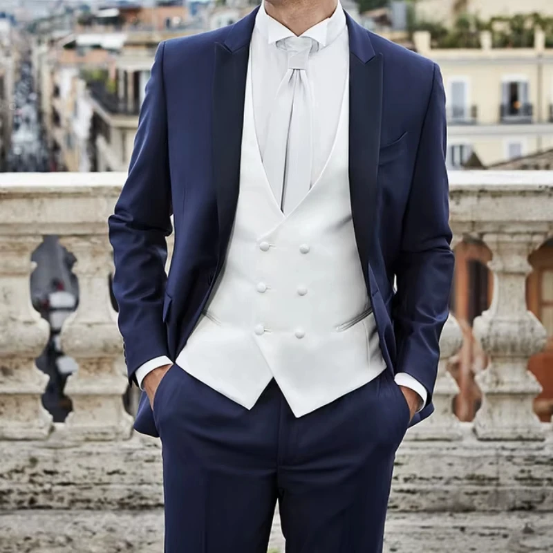 

Men Suit 3 Pieces Navy Blue White Vest For Wedding Banquet Birthday Casual Business Official Work Set Jacket Vest With Pants