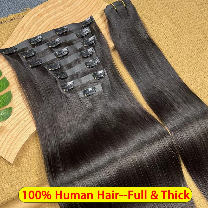 Extensions de cheveux humains lisses invisibles sans couture à clipser, cheveux bruts non traités, trame PU, lot complet de 7 pièces pour tête entière