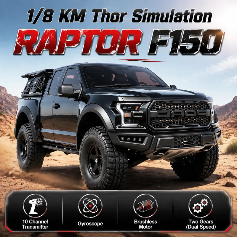 New 1/8 KM Thor 10-CH Brushless Remote Pickup High‑Speed Simulation Raptor F150 Electric 4WD RC Off‑Road Climbing Vehicle Model