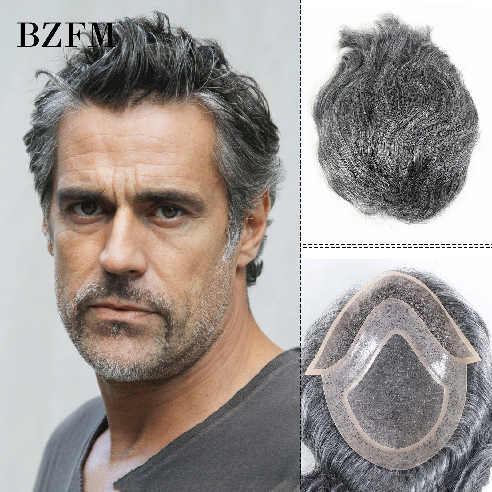 1B50 Grey White Color Human Hair Men Toupee 8x10 Mono Lace PU Base Choice Toupee For Men 6 Inch Short Hair Mens Wigs Hair Piece