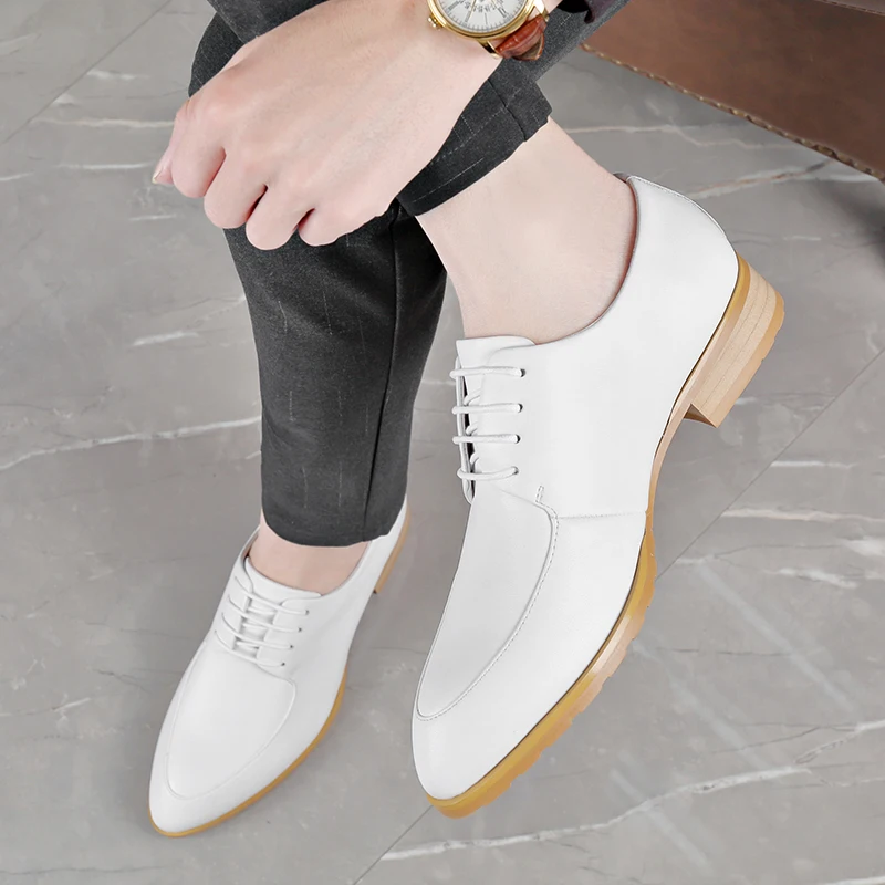 Small White Shoes Men\'s High-end Leather White Pointed Business Attire Men Leather Shoes Wedding and Groom\'s Shoes Summer Style