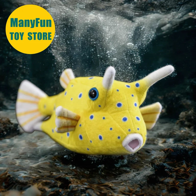 Juguete de peluche de pez buzón con cuernos, pez vacuno realista, pez globo realista, Animal relleno, muñeco de simulación de pez inflado, juguete para regalo