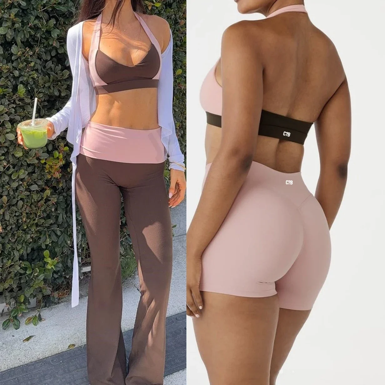 CS+B Women Color Block Halter Sports Bra Fold Waist Flared Yoga Pants Biker Shorts Soft Stretch Pilates Gym Workout Activewear