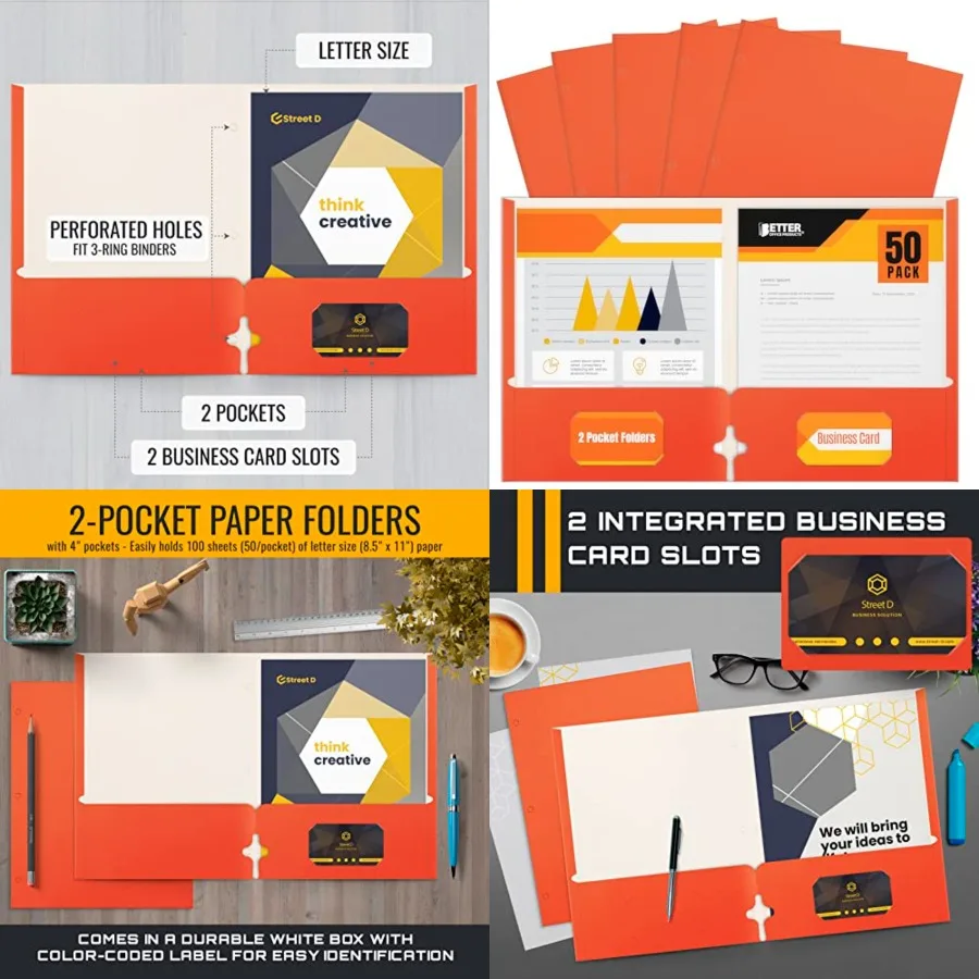 

Better Office Products Two Pocket Portfolio Folders 50-Pack Orange Letter Size Paper Folders for Organizing Documents in Office