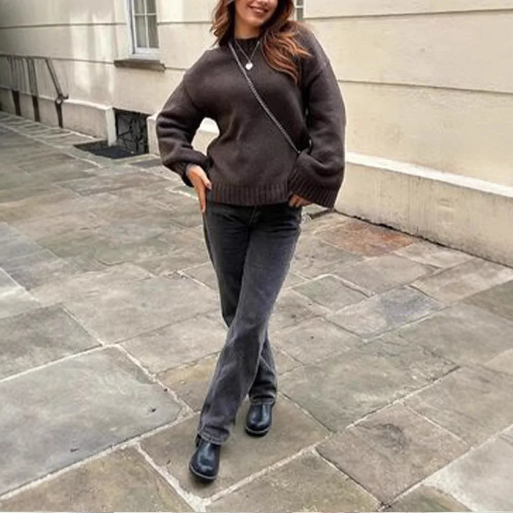 

Свободный свитер для поездок на работу, женский однотонный трикотаж, осень/зима 2025, с длинным рукавом