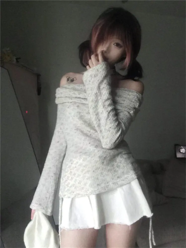 Giapponese Y2k Sexy maglione con spalle scoperte donna Vintage Harajuku Slash Neck maglione lavorato a maglia fata Grunge estetico Slim Fit Pullover