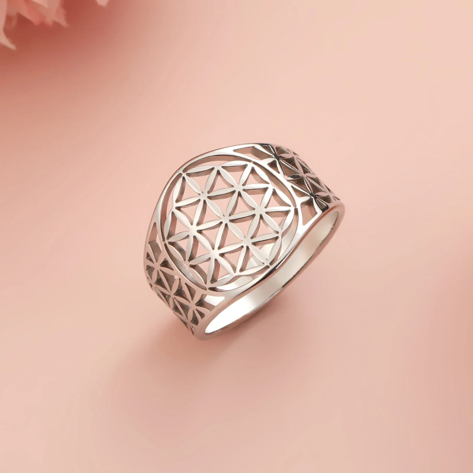Flower‑of‑Life‑Sacred‑Geometry‑Shape Vintage Stainless‑Steel Ring for Women, Gold‑Tone Elegant Finger‑Ring, Spiritual Fashion Jewelry, Anniversary‑Ready, Wholesale Available