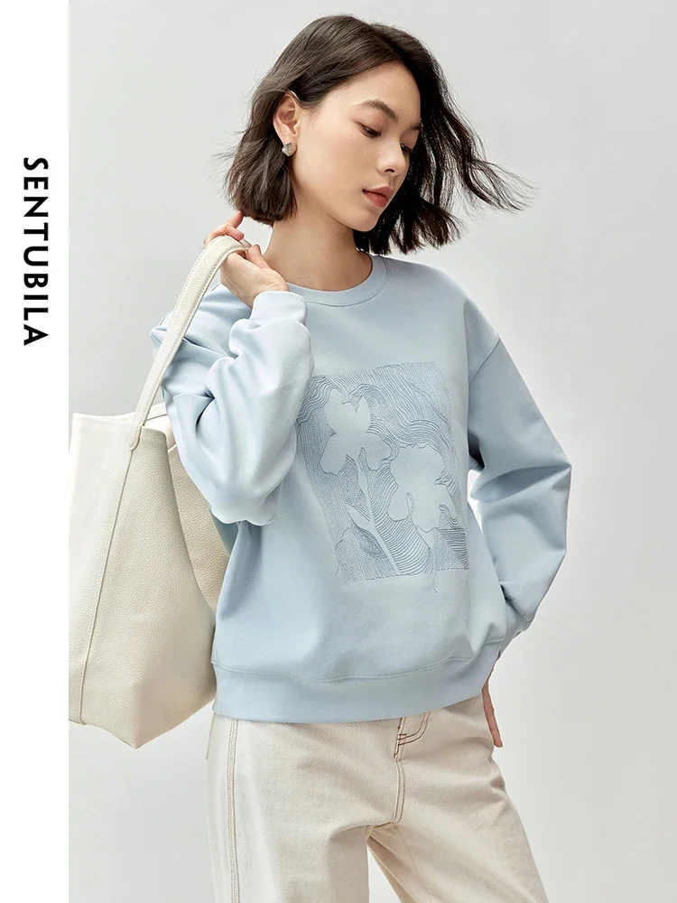 SENTUBILA Embroidery Knitted Sweatshirt for Women 2024 Autumn Winter Cotton Casual Loose Fit Solid Simple Pullovers 143A56381