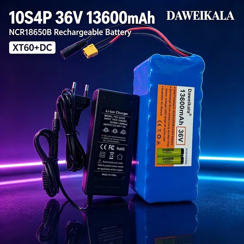 36V 10S 4P 13600mAh NCR18650B Lithium-Ionen-Akkupack, wiederaufladbare 18650 Lithium-Zellen mit XT60+DC und T+DC, integrierte BMS-Schutzplatine, kompatibel mit Überwachungsgeräten für Elektroroller,