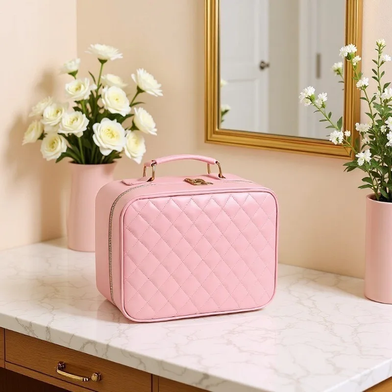 Fashion Luxury LED Three Ribbon Mirror Makeup Bag Large Capacity Travel Waterproof Toilet Bag Women PU Cosmetic Pouch