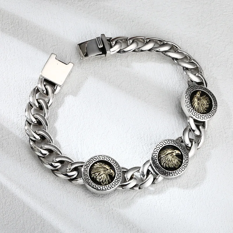 Vintage Chinese Style Eagle Round Pendant Cuban Link Chain Bracelet Distressed Finish Unisex Retro Jewelry Accessory for Men