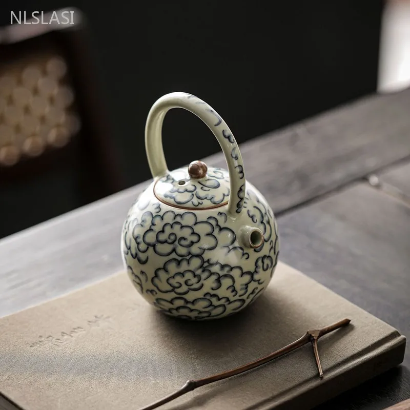 220ml Jingdezhen Ceramic Tea Pot Retro Ru Porcelain Beam Pot Home Antique Tea Infuser Traditional Ceramic Tea Accessories Teapot