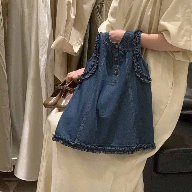 Vestido de Verão Sem Mangas Estilo Princesa para Meninas Pequenas, Nova Moda 2024, Roupas Infantis em Material de Seda Macia,...