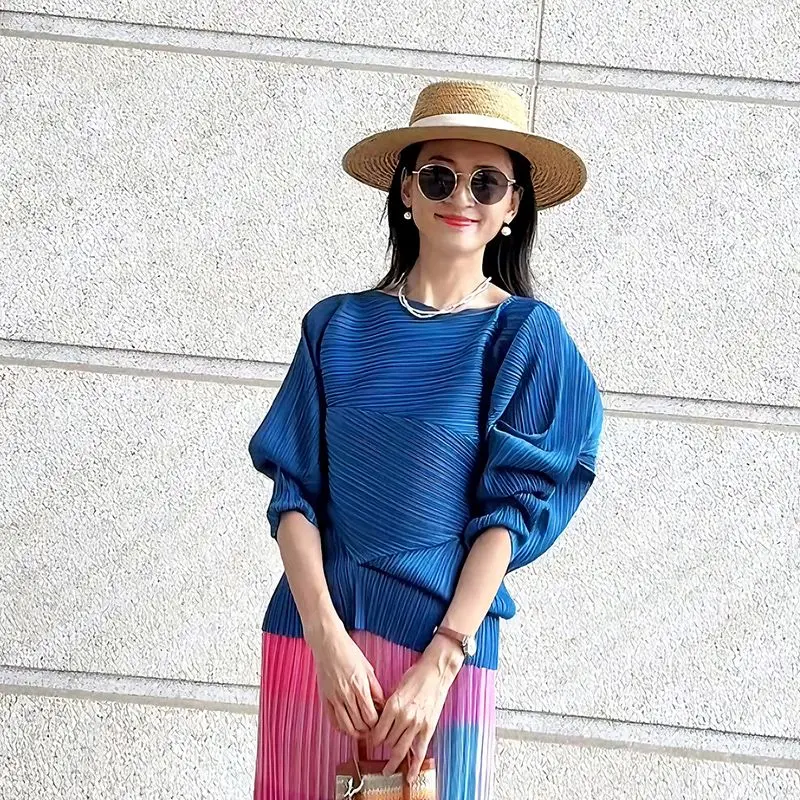 Two Piece Sets Women's Clothes Loose Folds Long Sleeve Tops High Waist A-line Chic Gradient Color Long Skirt Suit Summer Outfits