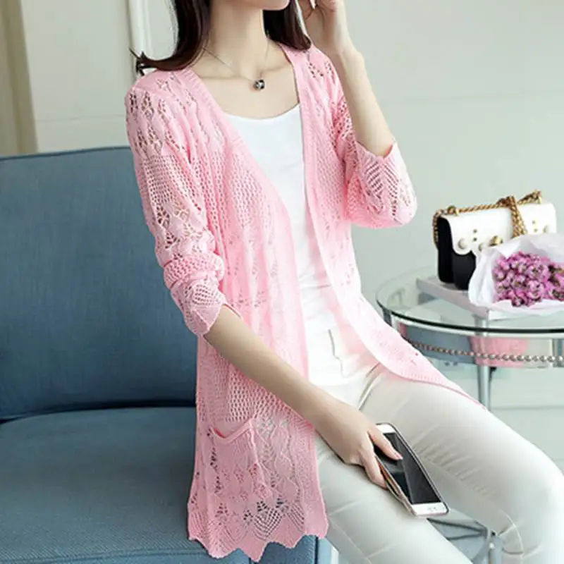 

2024 Lace Cardigan Medium Length Summer Mesh Shawl Loose Knee Length Sun Protection Clothing Women's Jacket Shirt E321