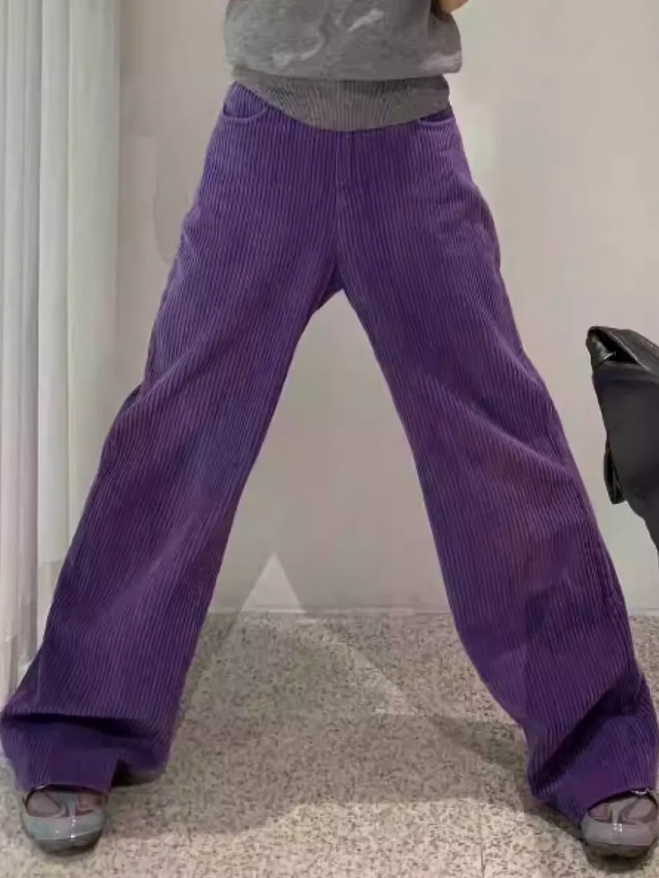 Retro Purple Corduroy Pants Women's Autumn Winter New Style Fleece Lined Thickened Extended Loose Wide Leg Long Pants