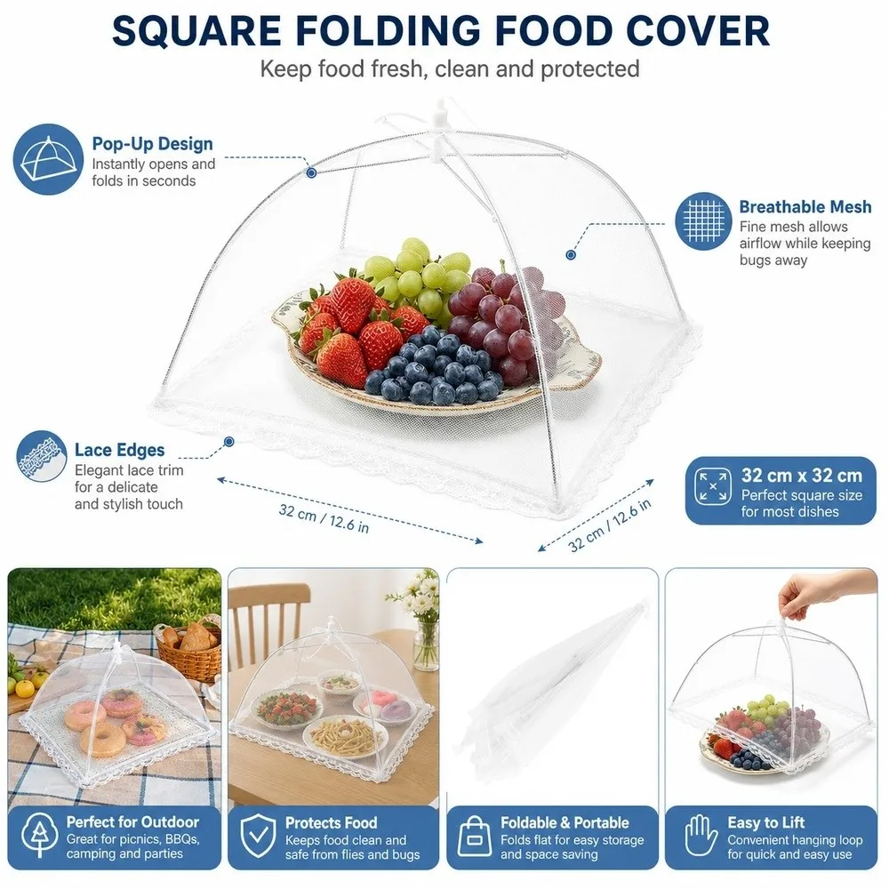 Foldable Food Mesh Cover Washable Breathable Food Umbrella Hanging Loop Lace Edges Pop-Up Food Cover Home Meal Protection