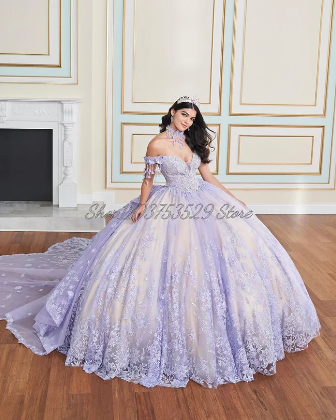 Luxury Light Purple Fantasy 15 Quinceanera Dresses 2025 Sparkling Appliqued Sequins Crystals Dimensional Bow Tassel Tiered Appli