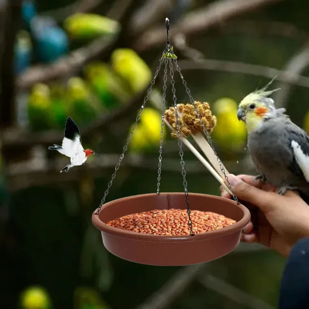 1 set of 2 Round Shape Hanging Bird Bath Plastic Wide Shallow Bowl Hanging Bird Feeder Iron Chain Rust Prevention Coating