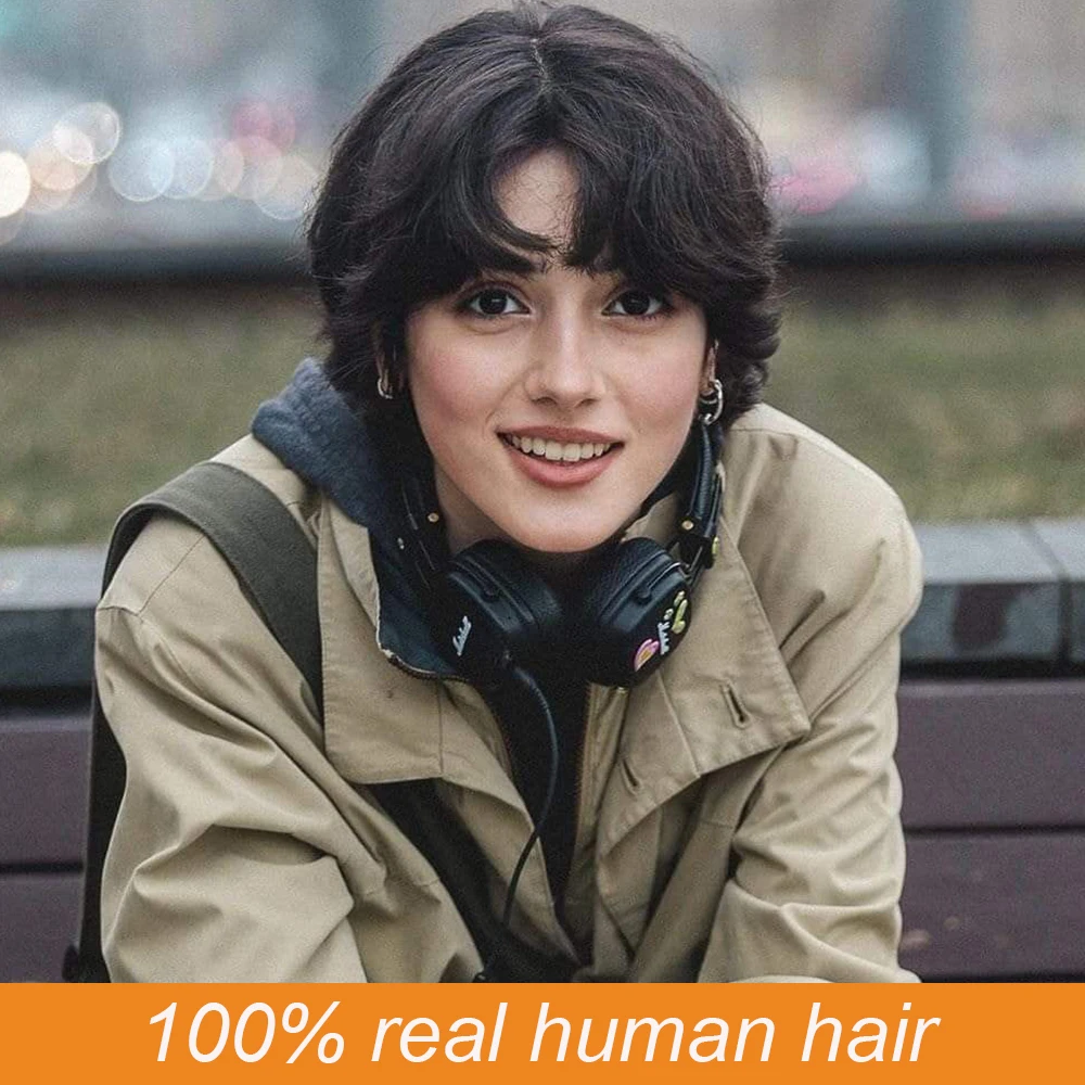 

Короткие многослойные парики-пикси из 100% натуральных человеческих волос, реалистичные, без спутывания, с предварительно выщипанной линией роста, полностью машинного изготовления, с челкой, для женщин