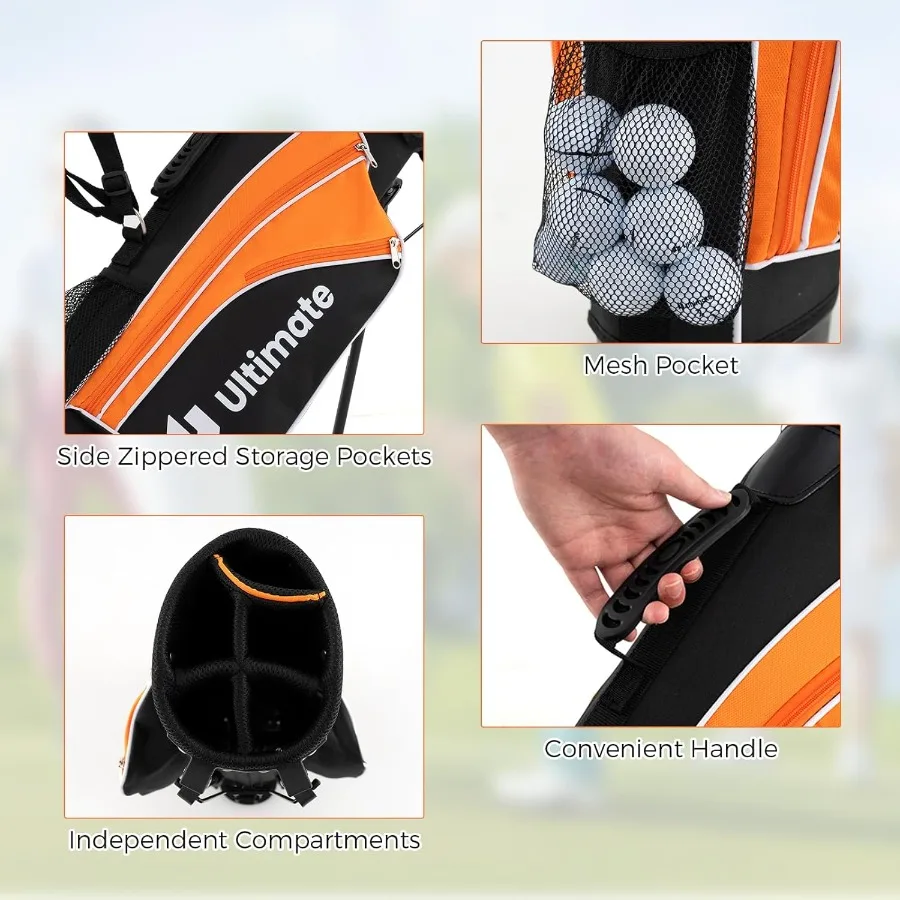 Przenośny zestaw golfowy dla młodzieży dla praworęcznych zawiera 3 fairway wood, żelazka 7 i 9, putter i torbę golfową z podstawką, idealny do nauki grających w golfa.