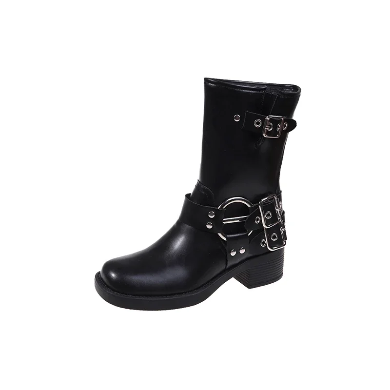 Buty damskie Wysoka platforma, nabijane ćwiekami wiosna/lato Knight Combat Gothic eleganckie damskie buty motocyklowe na średnim obcasie goth