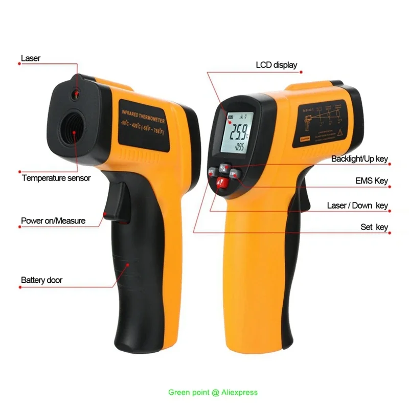 ポータブルLCDデジタル赤外線温度計,レーザー温度計,温度変換ユニット,-50〜420 ℃, 5個,新品