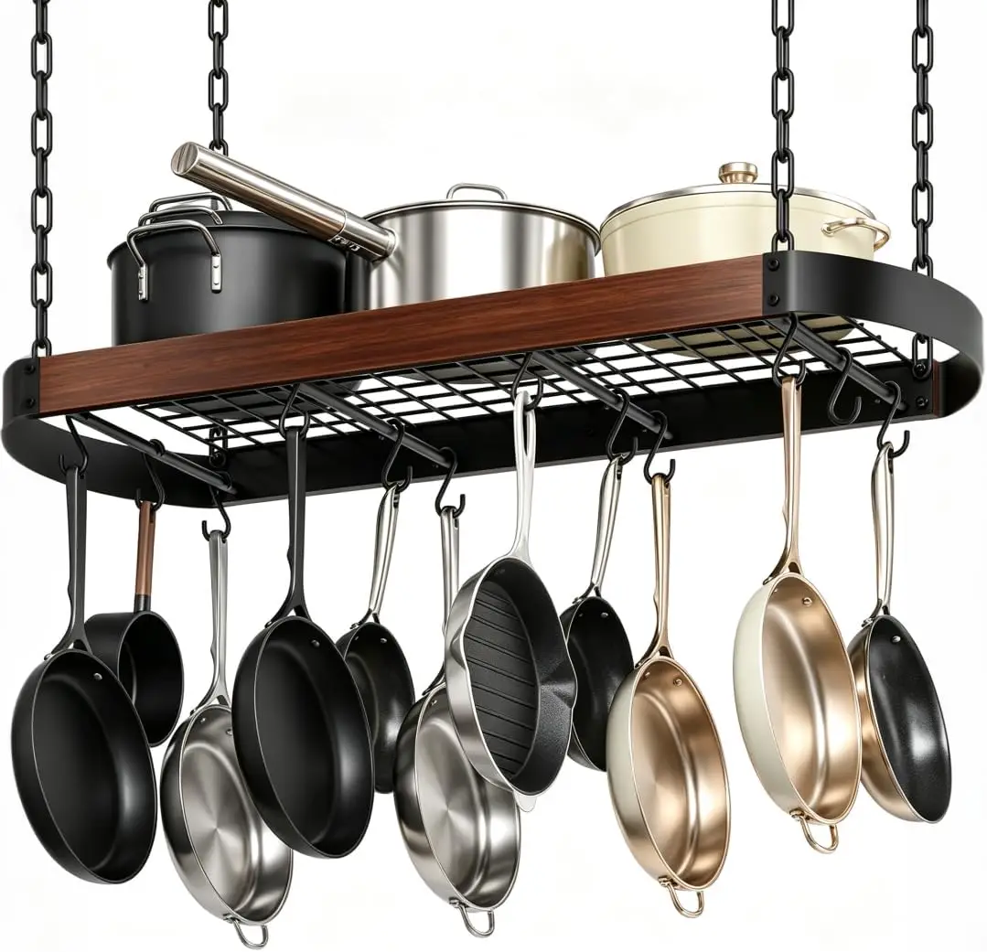 32-Inch Ceiling-Mounted Hanging Pot Rack, Kitchen Pan Hanger and Pot Holder