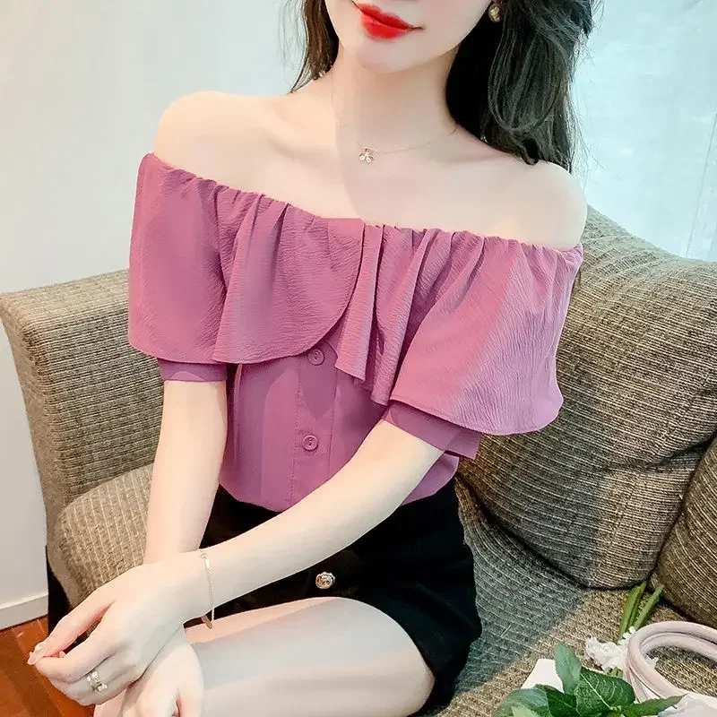 

Fashion Slash Neck Solid Color Ruffles Chiffon Shirts Women's Clothing Summer New Loose All-match Tops Office Lady Blouses Z98