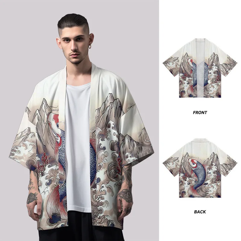 

Рубашка с рыбным принтом, кимоно для женщин и мужчин, Harajuku Haori, японский пляж, юката, уличная одежда, кардиган, одежда