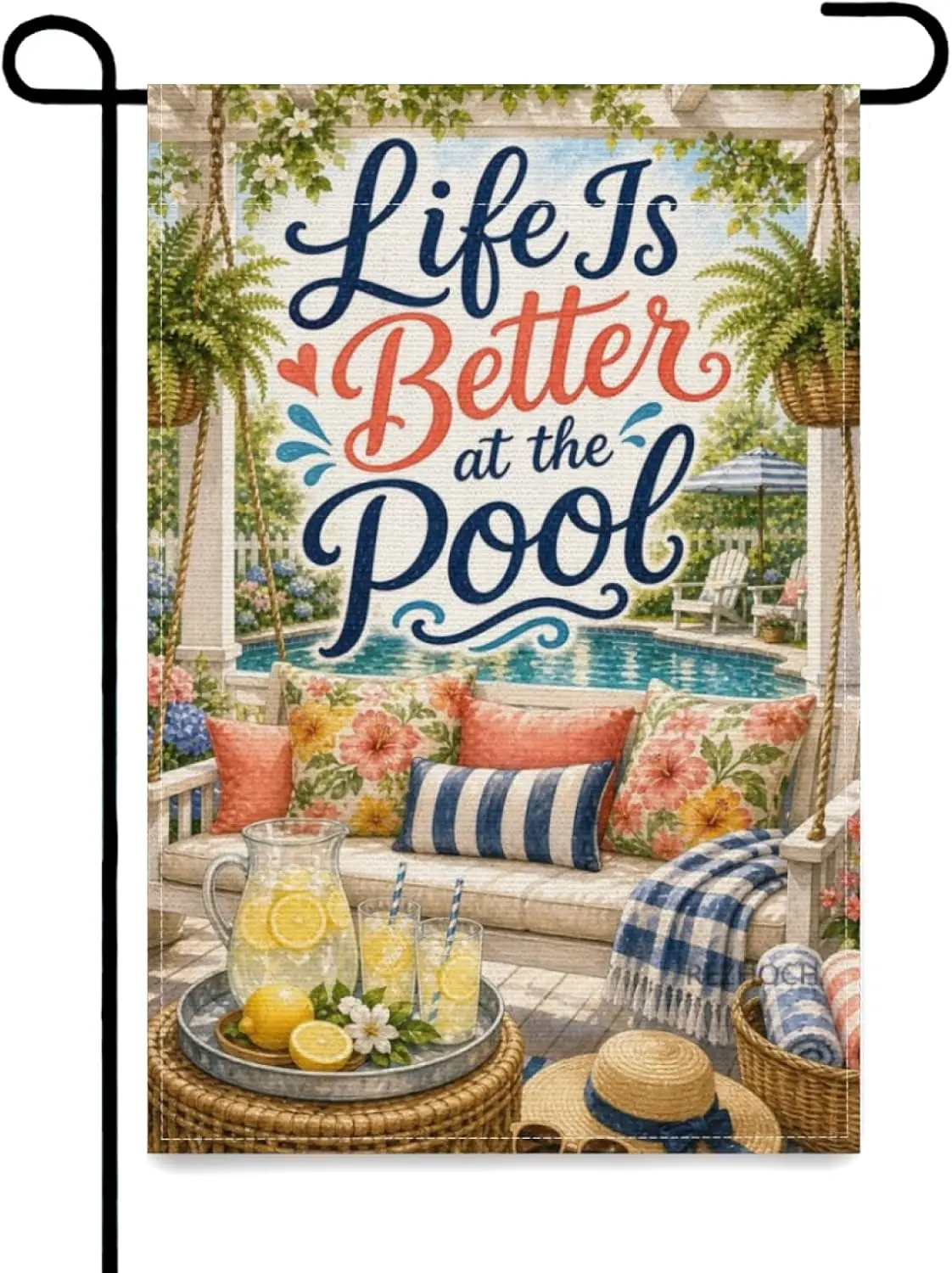 Summer Pool Garden Flag 12x18 Inch Life Is Better at the Pool Pergola Swing Lemonade Pitcher Floral Cushions Fern Planters S yyi