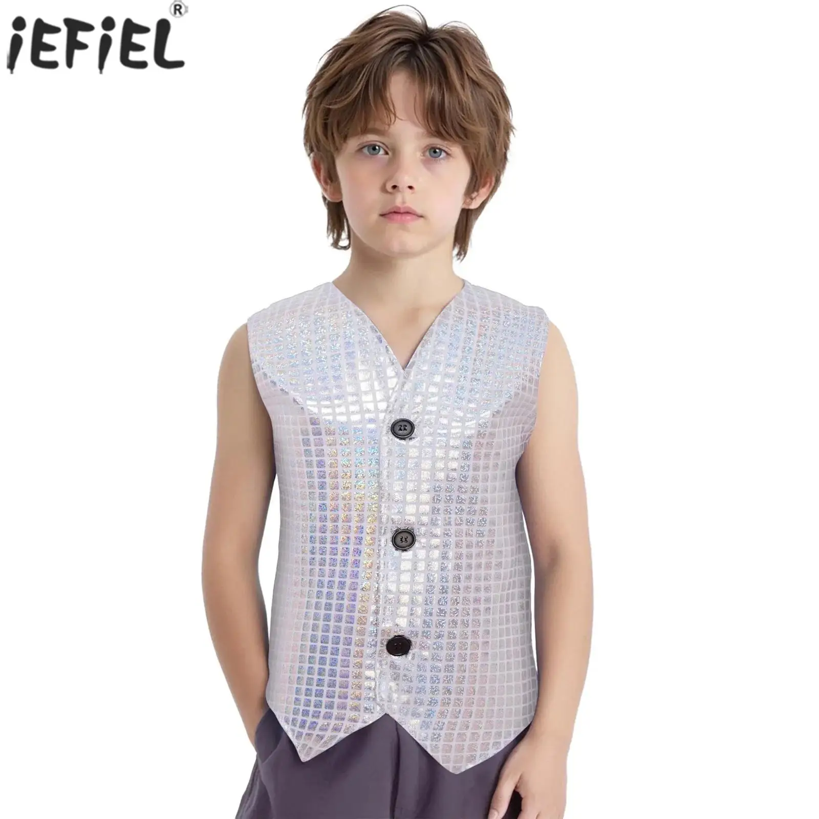Kids Girls Boys Jazz Hip Hop Street Dance Vest V-neck Sleeveless Metallic Plaid Waistcoat for Prom Party Choir Stage Performance