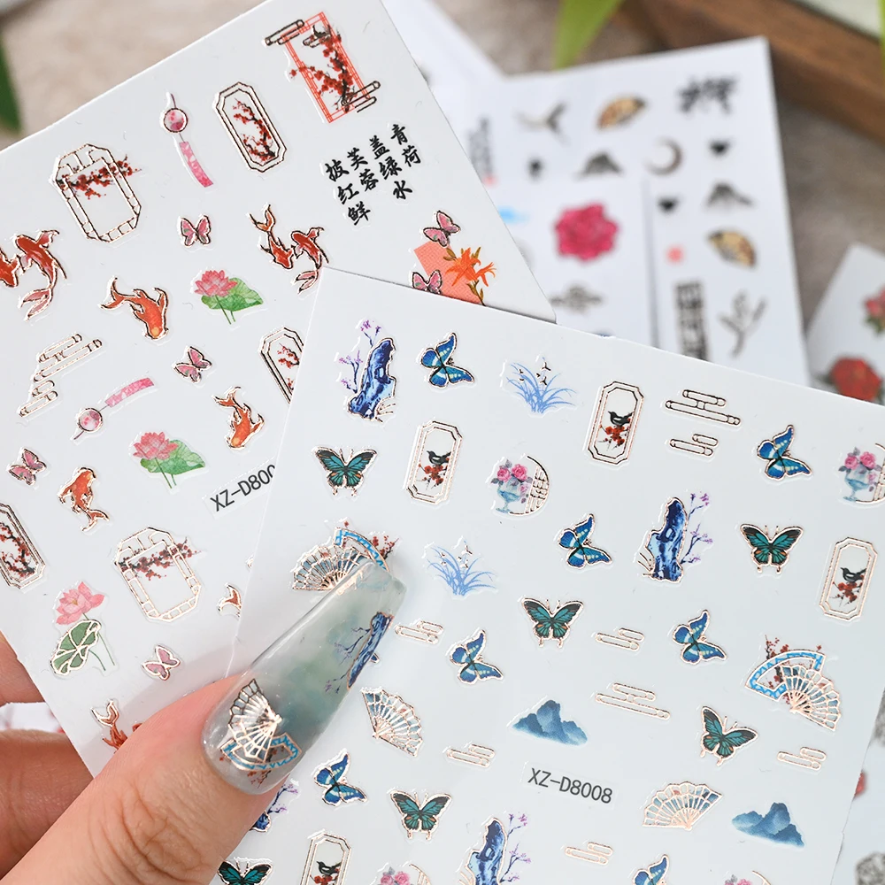12 szt./zestaw Naklejki na paznokcie z motywami z kreskówek: żuraw, sroka, karp koi, motyl, jaskółka, naklejki na paznokcie w stylu chińskim, tradycyjne ozdoby do paznokci.