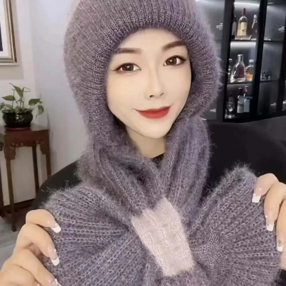 Patchwork Design Knitted Hat Scarf Set Windproof Thick Knit Balaclava Neck Warmer All In One Fleece Lined